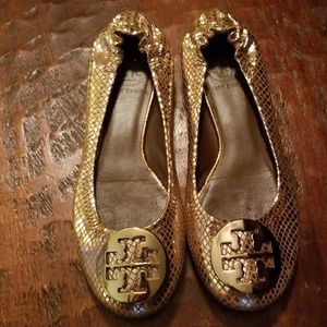 Tory Burch Gold Snakeskin Reva Flats